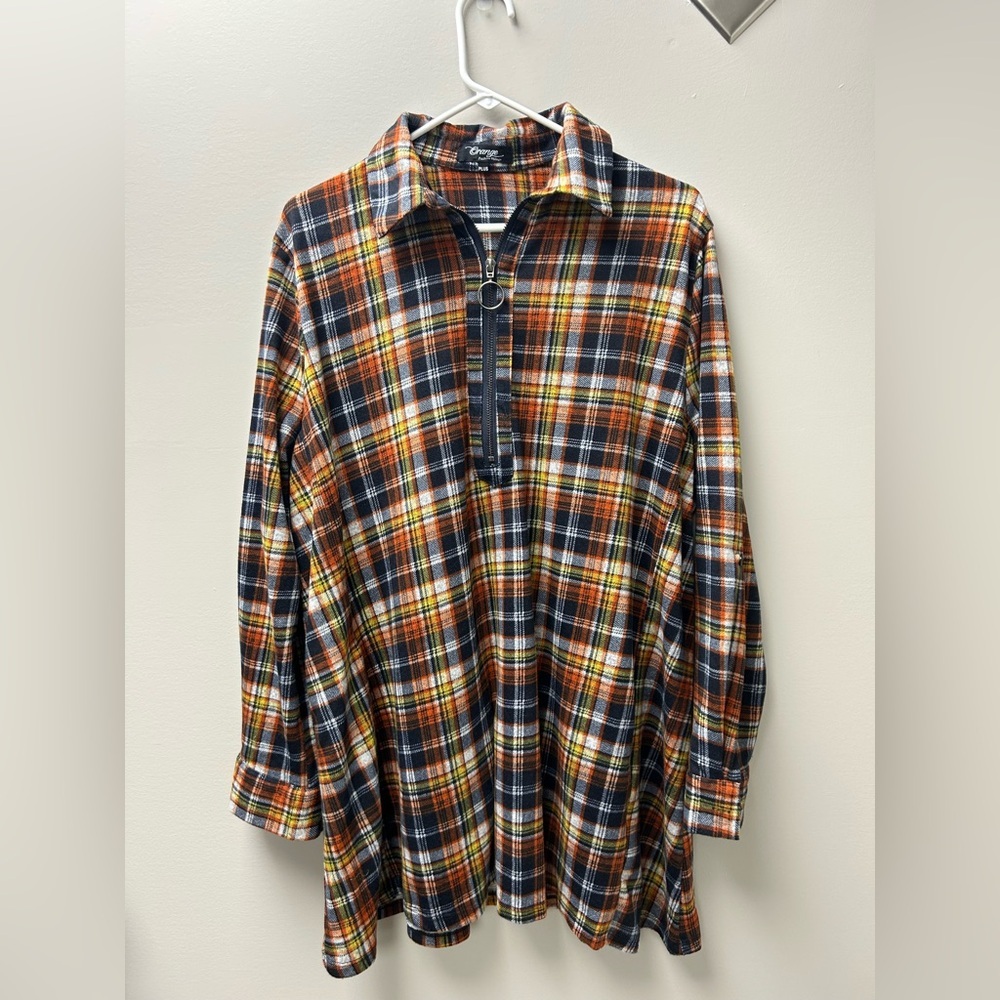 Orange‎ Fashion Village Plus Plaid Half Zip Tunic Top